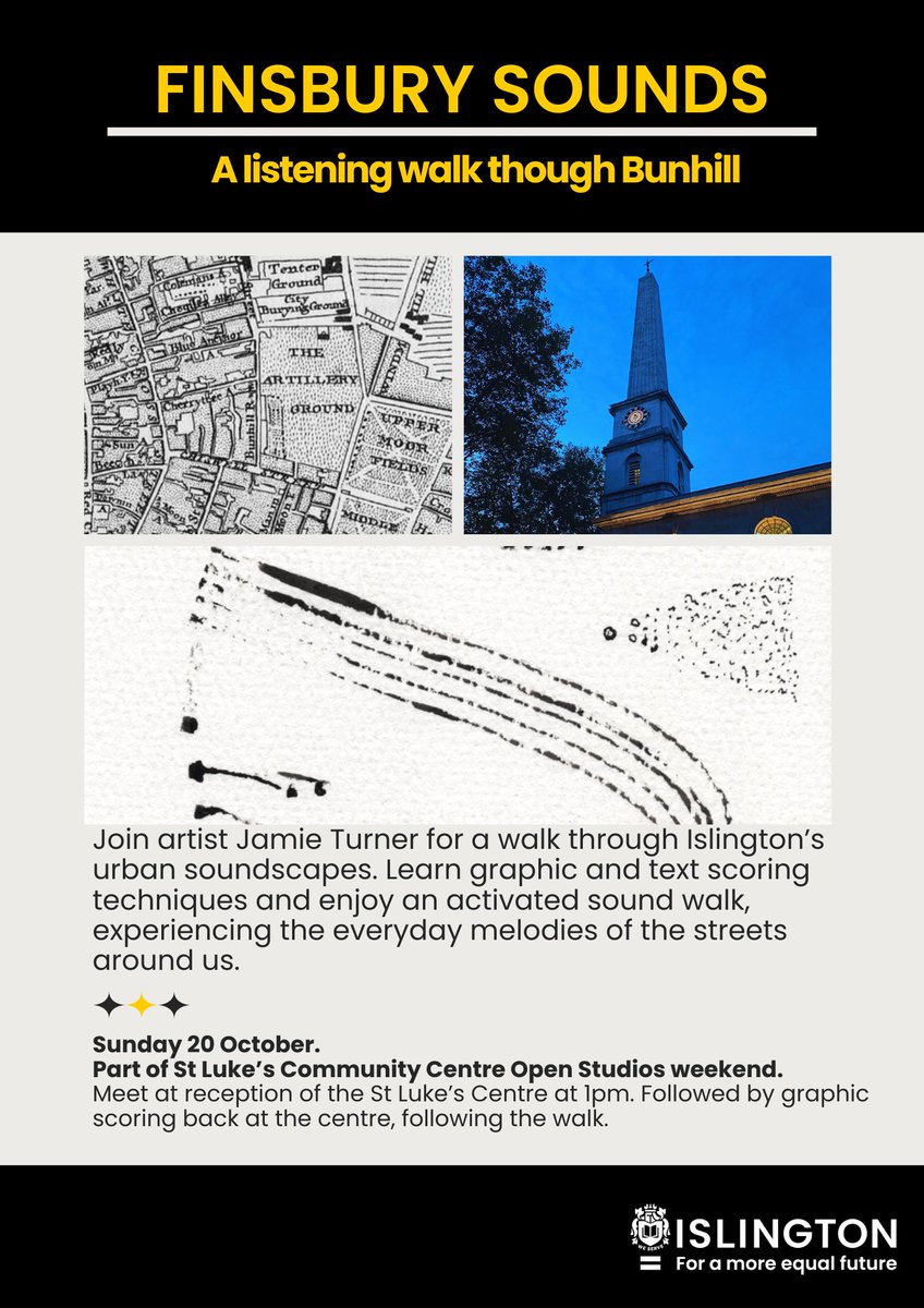 Islington Museum (@islingtonmuseum) on Twitter photo Join sound artist Jamie Turner for a listening walk through Bunhill, followed by graphic scoring at the St Luke's Community Centre.
Part of <a href="/StLukesTrust/">St Luke's Community Centre</a> Open Studios weekend.
20 October, 1pm. FREE!
eventbrite.co.uk/e/finsbury-sou… Join sound artist Jamie Turner for a listening walk through Bunhill, followed by graphic scoring at the St Luke's Community Centre.
Part of <a href="/StLukesTrust/">St Luke's Community Centre</a> Open Studios weekend.
20 October, 1pm. FREE!
eventbrite.co.uk/e/finsbury-sou…