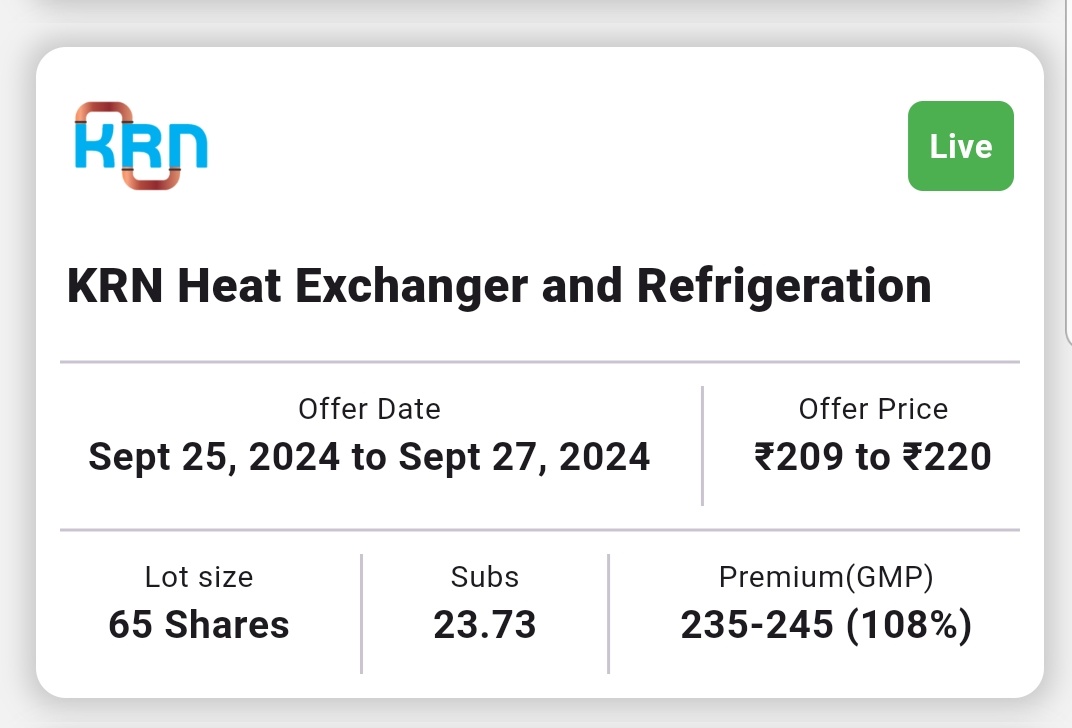 Equitysupermart's tweet photo. #StockMarket #StockMarketindia #nifty #trading #investing #stocks #IPOAlert #IPO @KommawarSwapnil
🍀 IPO UPDATE 🍀

👉 #KRNheatExchanger :

✅ APPLY ✅ https://t.co/pXOQcvCLn1