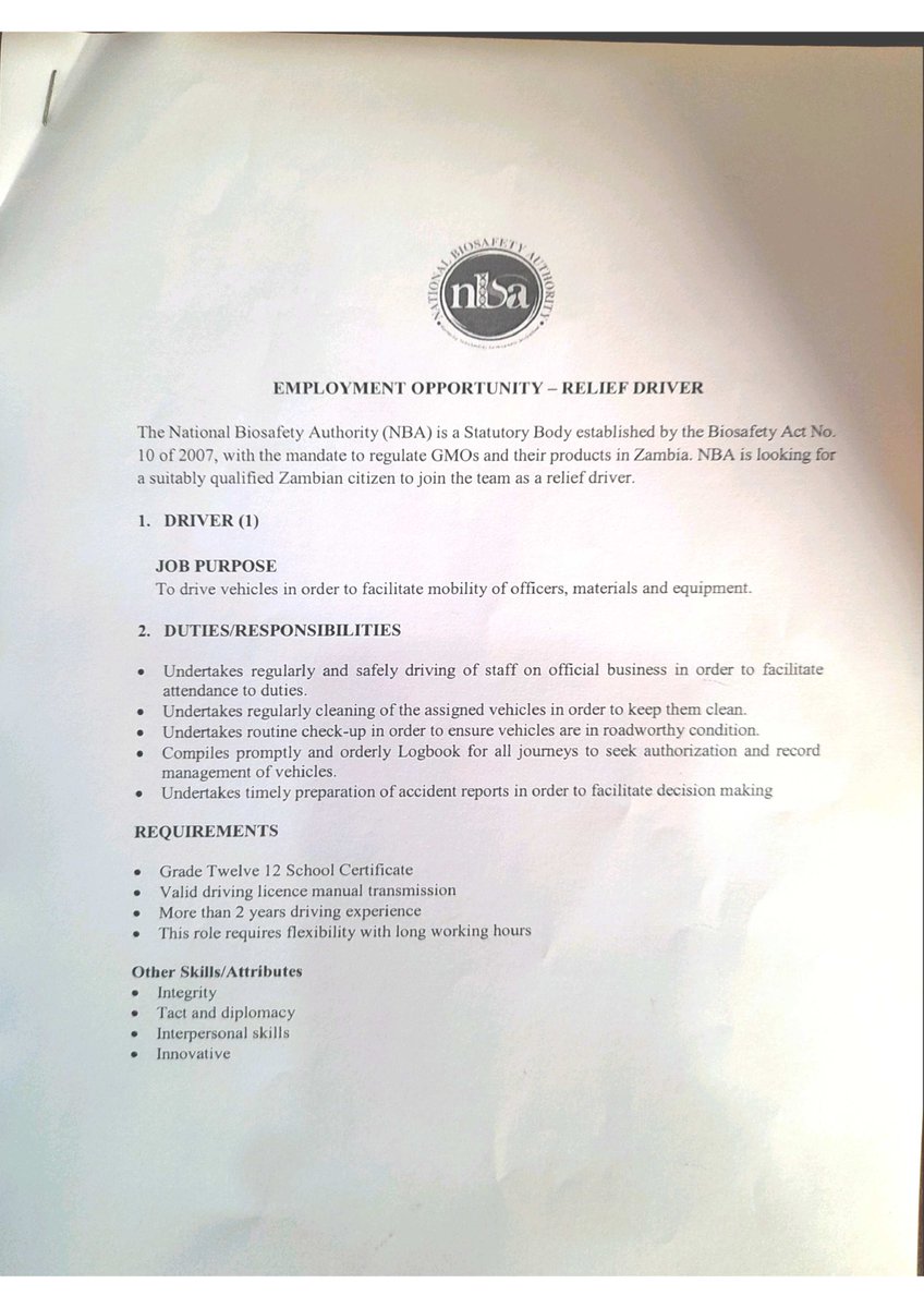 NBA_Zambia's tweet photo. JOB ALERT: DRIVER NEEDED. https://t.co/3lfggOX2eP