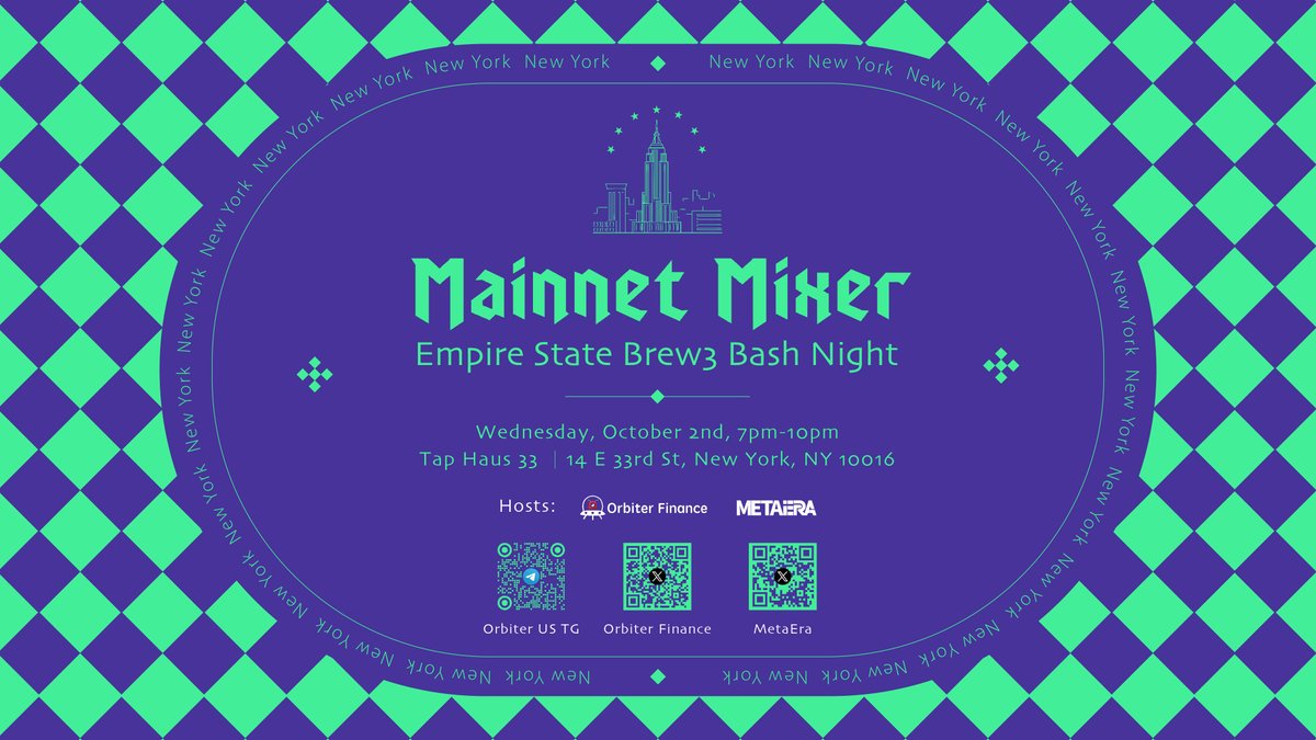 Get Ready for the Mainnet Mixer: Empire State Brew3 Bash Night in New York City! 🎉

Join us for the ultimate <a href="/MessariCrypto/">Messari</a> side event with <a href="/Orbiter_Finance/">Orbiter Finance 🛸</a> and <a href="/MetaEraHK/">MetaEra</a>—enjoy endless beers, high-quality networking, and the chance to win mystery prizes, all while taking in