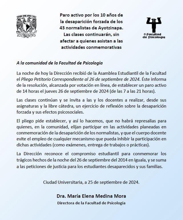 suap_unam's tweet photo. Comunicado 25 de septiembre de 2024

#SUA #PSICOLOGIA #UNAM https://t.co/TPRtC7aqnr