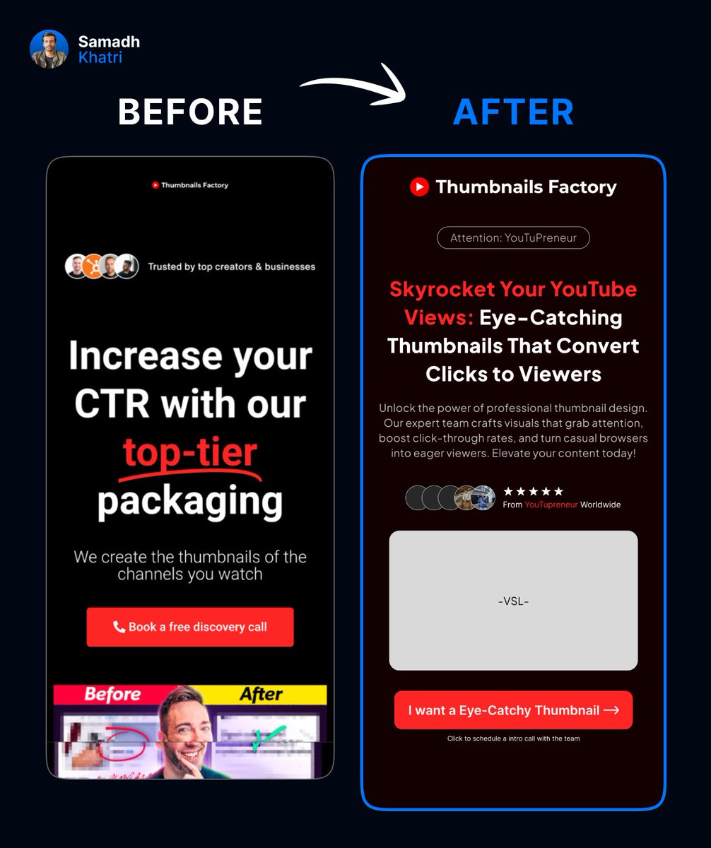 khatrisamadh_'s tweet photo. CRO audit for Thumbnails Factory

✅ Optimized heading
✅ Added CTA along with social proof to boost CVR
✅ Added VSL option to boost CVR

What so you think about this redesign? https://t.co/mCzdAorGXf