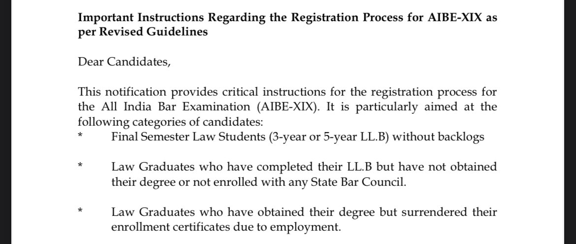 GokhaleNeel's tweet photo. In a recent notification, the BCI has allowed final year law students to apply for the AIBE which is if I’m not wrong, in November this year. But look at their criteria and someone please let me know if this makes any sense or is just an epitome of infructuity. @barcouncilindia https://t.co/sJnUDuiRhn