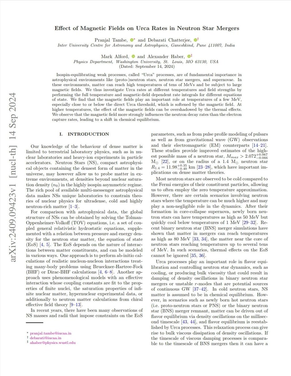 astro_roamer's tweet photo. Our new article on the "Effect of Magnetic Fields on Urca Rates in Neutron Star Mergers", led by Pranjal Tambe (my PhD student @IUCAAstro), in collaboration with Prof. Mark Alford and Dr. Alexander Haber @Noldigphysics from @WUSTL, appeared recently on the arxiv https://t.co/9weJOsaxqA