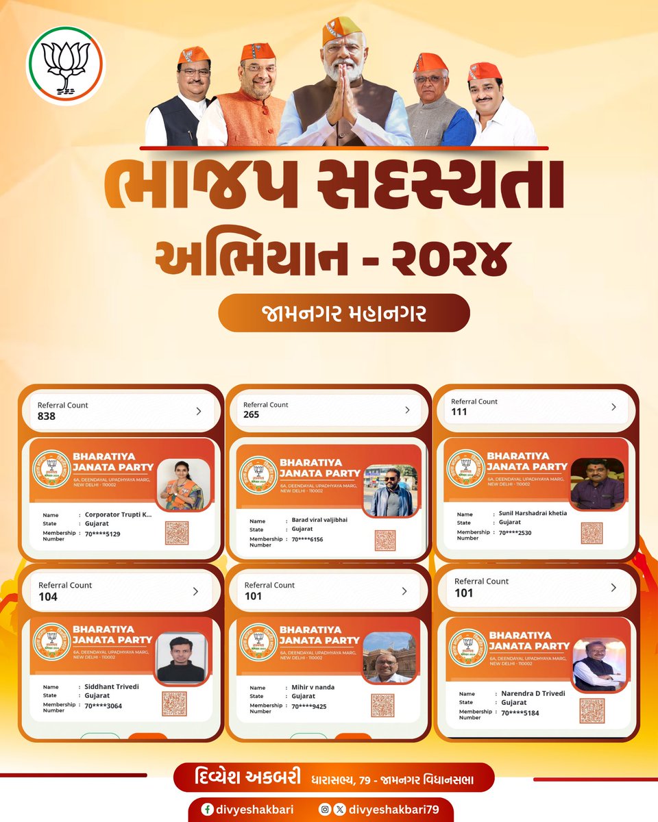 divyeshakbari79's tweet photo. ભાજપા સદસ્યતા અભિયાનને અભૂતપૂર્વ પ્રતિસાદ મળી રહ્યો છે, જામનગર મહાનગરના કાર્યકર્તાઓએ પણ અભિયાનને ઉત્સાહ સાથે સતત આગળ વધારી રહ્યાં છે.

#BJPSadasyata2024 https://t.co/c225KmBAwc