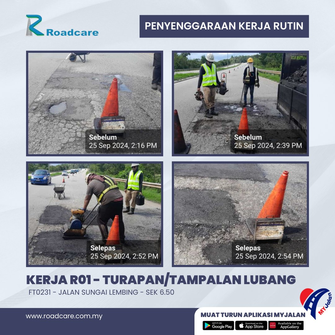Roadcare Kuantan (@rckuantan) on Twitter photo 25 SEPTEMBER 2024
KERJA KERJA PENYENGGARAAN RUTIN R-01 TURAPAN/PENAMPALAN POTHOLE (Pothole-Hotmix)
FT 0231 - JALAN SUNGAI LEMBING
Section 6.50
<a href="/JKRPAHANG/">JKR PAHANG</a> <a href="/JkrKuantan/">JKR Daerah Kuantan</a> <a href="/mbkuantan/">MBKuantan</a> <a href="/Roadcare_Phg/">ROADCARE PAHANG</a> <a href="/Roadcare_HQ/">ROADCARE (M) SDN BHD</a> <a href="/JKRMalaysia/">JKR Malaysia</a> 25 SEPTEMBER 2024
KERJA KERJA PENYENGGARAAN RUTIN R-01 TURAPAN/PENAMPALAN POTHOLE (Pothole-Hotmix)
FT 0231 - JALAN SUNGAI LEMBING
Section 6.50
<a href="/JKRPAHANG/">JKR PAHANG</a> <a href="/JkrKuantan/">JKR Daerah Kuantan</a> <a href="/mbkuantan/">MBKuantan</a> <a href="/Roadcare_Phg/">ROADCARE PAHANG</a> <a href="/Roadcare_HQ/">ROADCARE (M) SDN BHD</a> <a href="/JKRMalaysia/">JKR Malaysia</a>