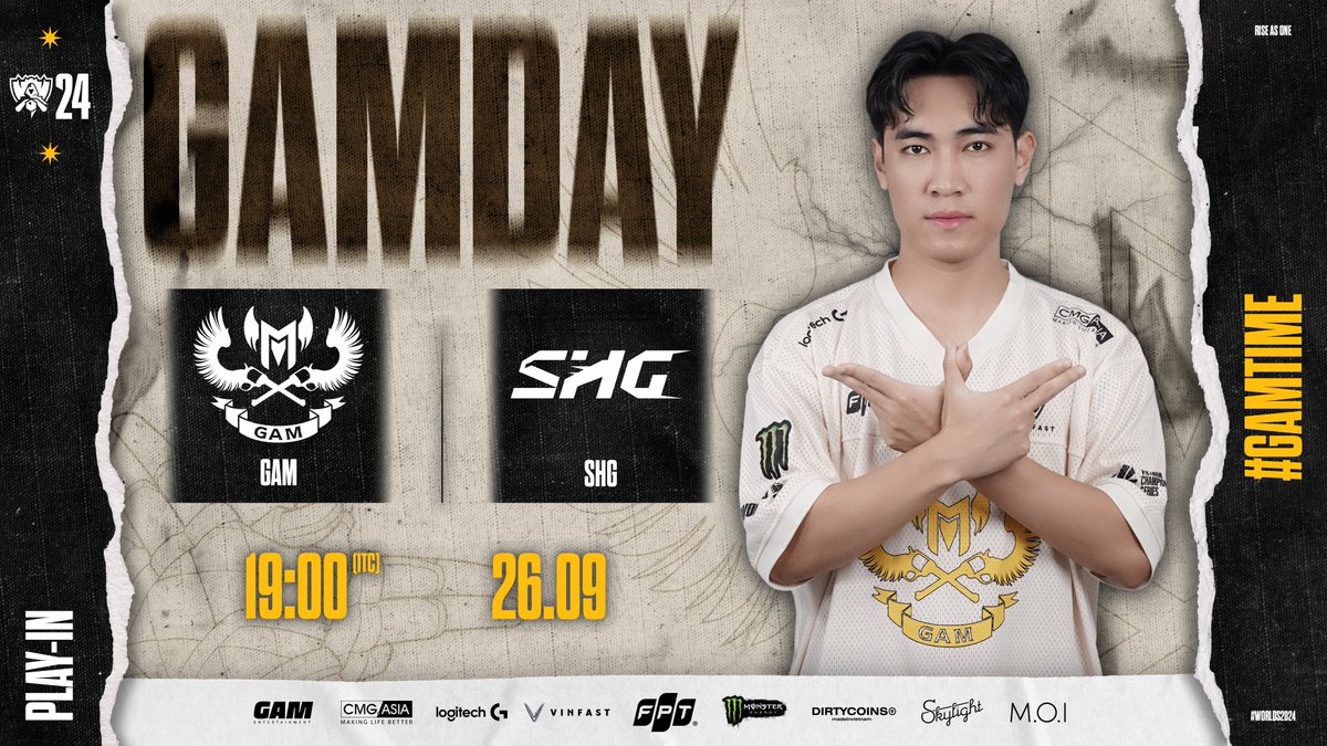 GAMesportsVN's tweet photo. It’s #GAMDAY at #Worlds2024
Stay tuned for our first match against @esports_hawks at 19:00 (ITC), 26/9!
Do you know WHAT TIME IS IT!?
#GAMTIME #RiseAsOne #Worlds2024 https://t.co/D4qxSMiHuv