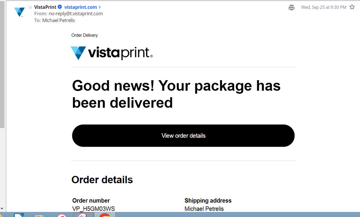 MichaelPetrelis's tweet photo. @UPS @Vistaprint This email from @Vistaprint isn't true. @ups hasn't delivered the package. Still waiting for #VistaPrint to direct #UPS to actually bring package to my home address. https://t.co/uDhNsc4bSu