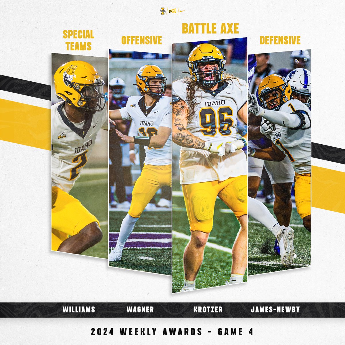 Idaho Football (@vandalfootball) on Twitter photo Here are your weekly awards after another ranked win!
🪓: <a href="/zachary_krotzer/">Zach Krotzer.</a>
OMVP: <a href="/Jackwagner09/">Jack Wagner</a>
DMVP: <a href="/keyshawn_newby/">Keyshawn James-Newby</a>
STMVP: <a href="/abrahamw44/">Abraham Williams</a>
#GoVandals Here are your weekly awards after another ranked win!
🪓: <a href="/zachary_krotzer/">Zach Krotzer.</a>
OMVP: <a href="/Jackwagner09/">Jack Wagner</a>
DMVP: <a href="/keyshawn_newby/">Keyshawn James-Newby</a>
STMVP: <a href="/abrahamw44/">Abraham Williams</a>
#GoVandals