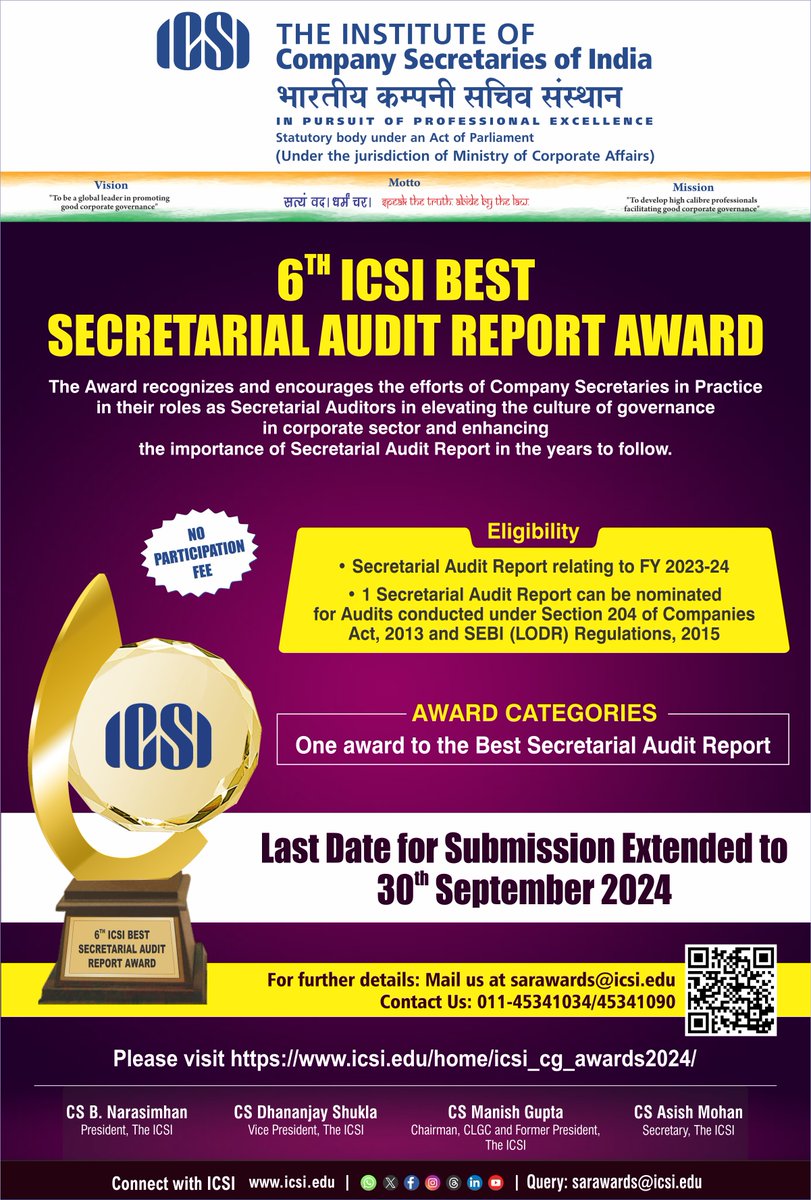 icsi_cs's tweet photo. Last date for submission of application for the 6th ICSI Best #SecretarialAudit Report Award and 4th #ICSI Best #PCS Firm Award extended till 30 September 2024. For details log on to https://t.co/gYYYGKyojp #SARAward #PCSFirmAward #ICSICGAwards https://t.co/IMhp7dR2tf