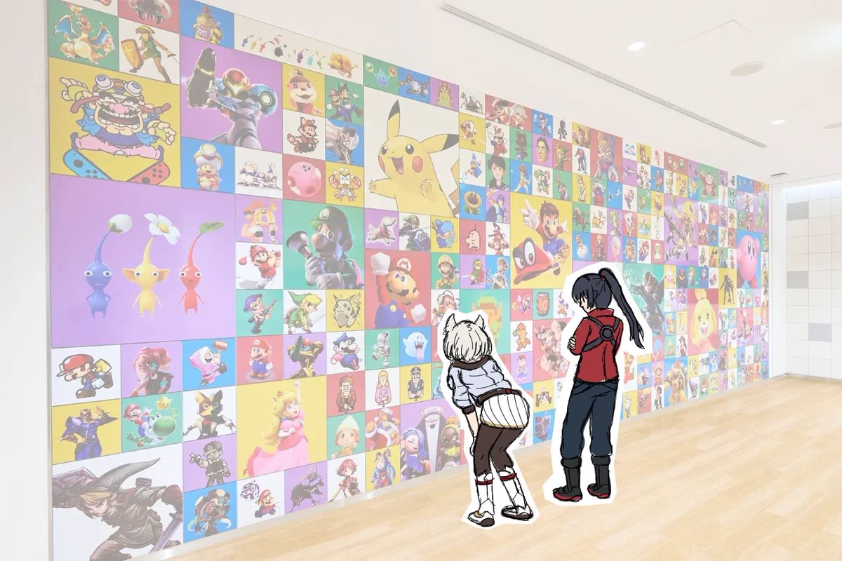Mio and Noah from Xenoblade Chronicles 3, searching for themselves in the Nintendo Museum Character Mural.
