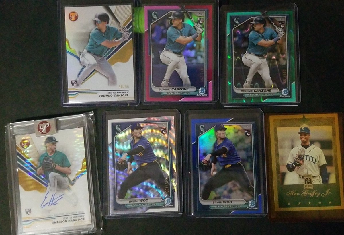 NLloydTracy's tweet photo. Ms season on the brink,  ut here are some recent hits, @CardPurchaser. Canzones, Hancock gold encased auto, best of 5 cases of 24 Bowman chrome Woos. Vintage Griffey, and the top loader is the vintage part. Two breaks of 24 pro debut from diff folks with same results. Odd. https://t.co/TvBuUNGK1U