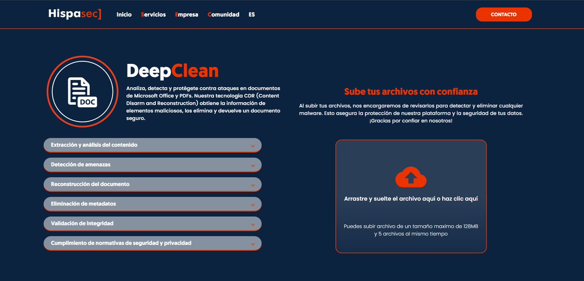 hispasec's tweet photo. ¿Qué es DeepClean? 🧐
Analiza y protege tus documentos de amenazas con nuestra tecnología CDR: extraemos, limpiamos y reconstruimos.
✅ Análisis
⚠️ Detección
🔧 Reconstrucción
🚫 Eliminación de metadatos
¡Sube tus archivos con confianza! #ciberseguridad #DeepClean #hispasec https://t.co/AziCzwbWfJ