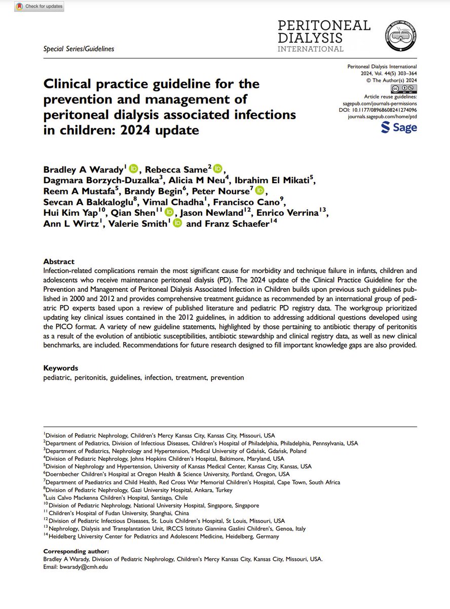 Edgar V. Lerma π΅π (@edgarvlermamd) on Twitter photo Clinical practice guideline for the prevention and management of peritoneal dialysis (PD) associated infections in children : 2024 update from <a href="/PDI_Journal/">Peritoneal Dialysis International Journal</a> #ISPD24 π¦πͺ #Nephpearls
π pubmed.ncbi.nlm.nih.gov/39313225/ Clinical practice guideline for the prevention and management of peritoneal dialysis (PD) associated infections in children : 2024 update from <a href="/PDI_Journal/">Peritoneal Dialysis International Journal</a> #ISPD24 π¦πͺ #Nephpearls
π pubmed.ncbi.nlm.nih.gov/39313225/
