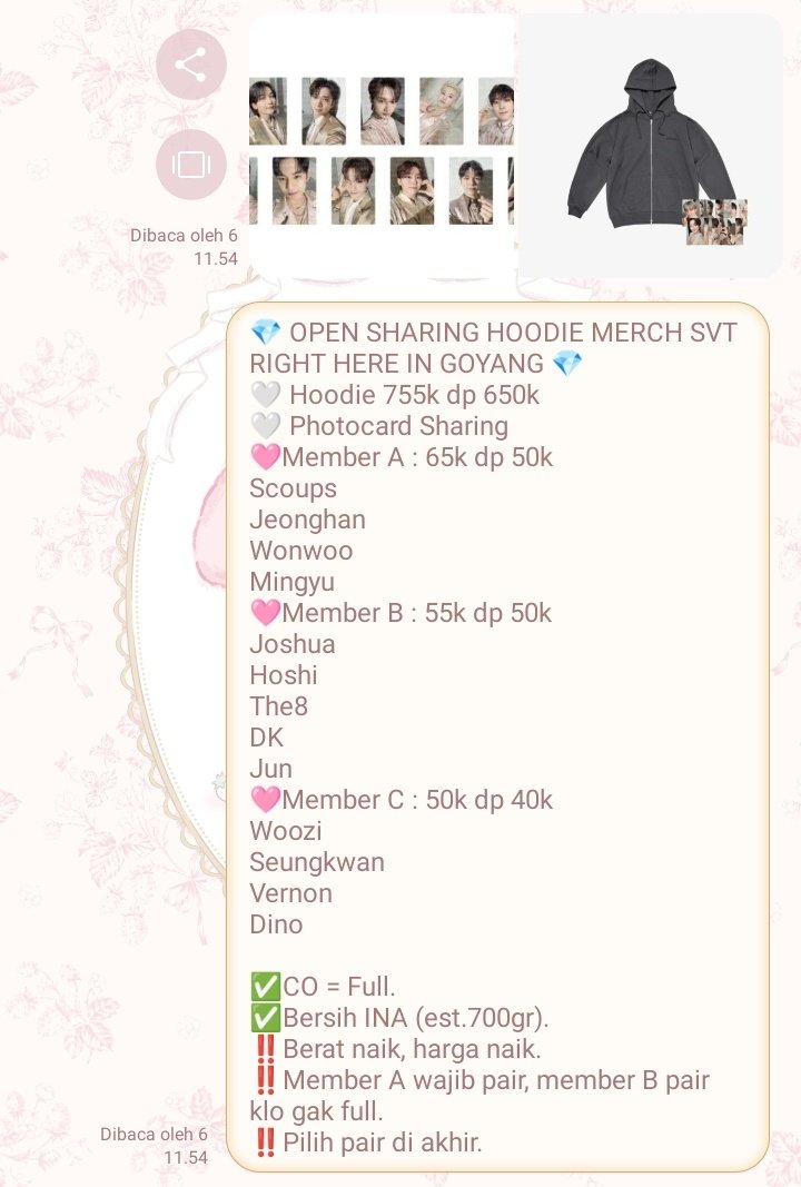 💎 OPEN SHARING HOODIE MERCH SVT RIGHT HERE IN GOYANG 💎

✅CO = Full. 
✅Bersih INA (est.700gr). 
‼️Berat naik, harga naik. 
‼️Member A wajib pair, member B pair klo gak full. 
‼️Pilih pair di akhir.