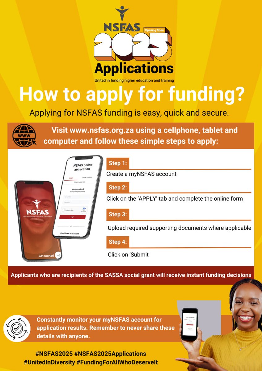 You can easily apply for NSFAS funding by using either your phone, tablet or computer. Follow these below easy steps and APPLY NOW..
 #NSFAS2025 #NSFAS2025Applications #UnitedInDiversity #FundingForAllWhoDeserveIt