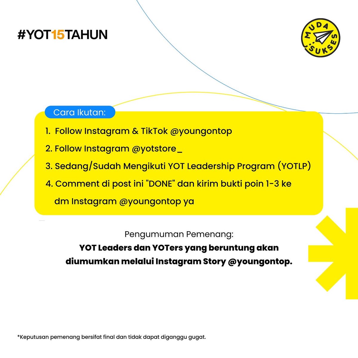 YoungOnTop's tweet photo. Hi YOTers & YOT Leaders,
Ada 10 tiket 3 Days untuk ikutan IdeaTalks @ideafestid 2024 untuk kamu! Yuk, ikutin caranya di slide ke-2 sampai jam 18.00 WIB hari ini 🥳💪🏻
Jangan lupa komen "done" di Instagram YOT yaa
#MudaSukses #YOT15Tahun #IdeaFest2024 https://t.co/1KiMiH47EE