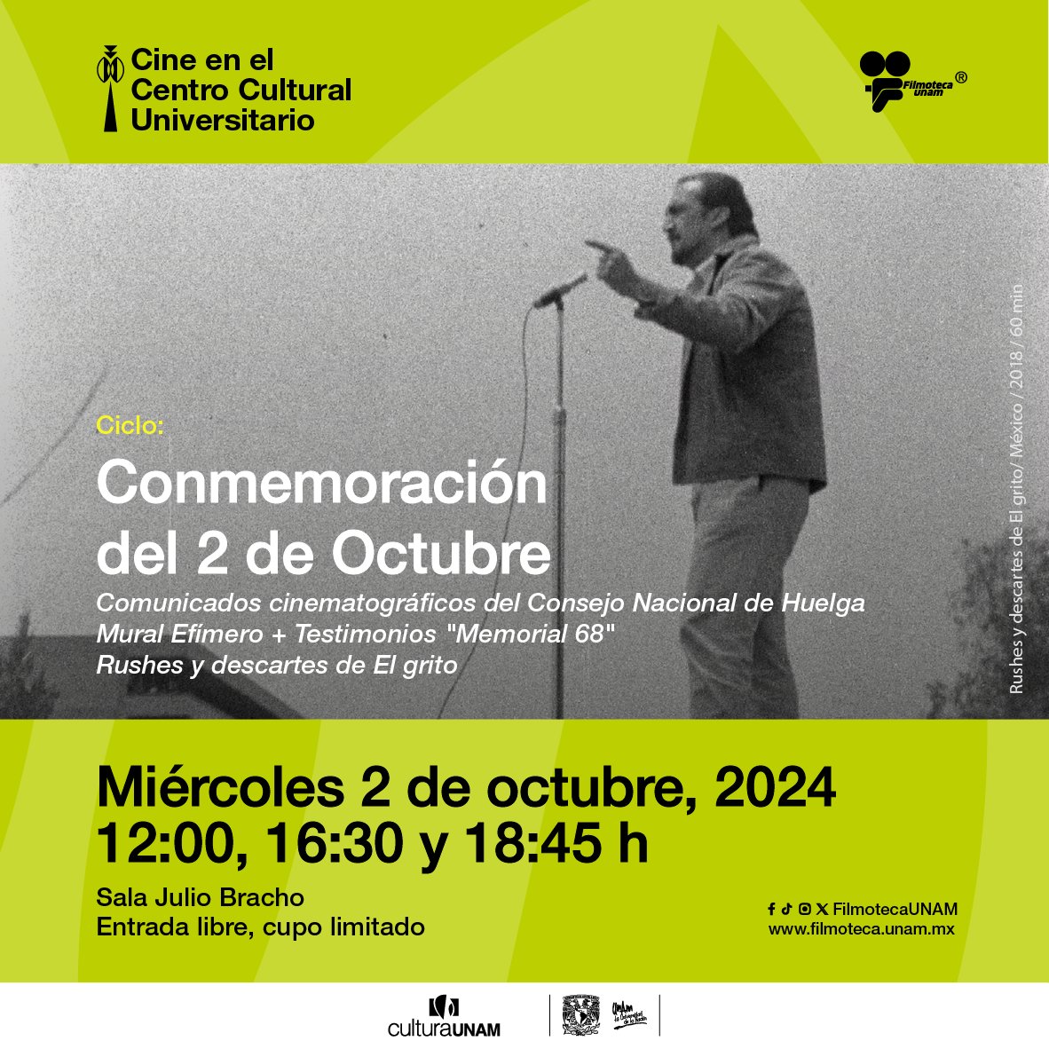 Recordamos el Movimiento Estudiantil del 68 con un programa de archivos fílmicos que fueron realizados por aquellos que formaron parte de la lucha política y social en 1968.

🗓Miércoles 2 de octubre
📍Sala Julio Bracho #CCU
#EntradaLibre