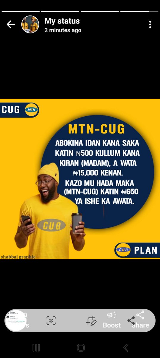 IsmailL06655838's tweet photo. MTN CUG (Closed User Group)

Masu sha'awar shiga tsarin MTN CUG domin samun saukin kira just Dm.
Or call 09160324400. https://t.co/E0qLeVU7lL