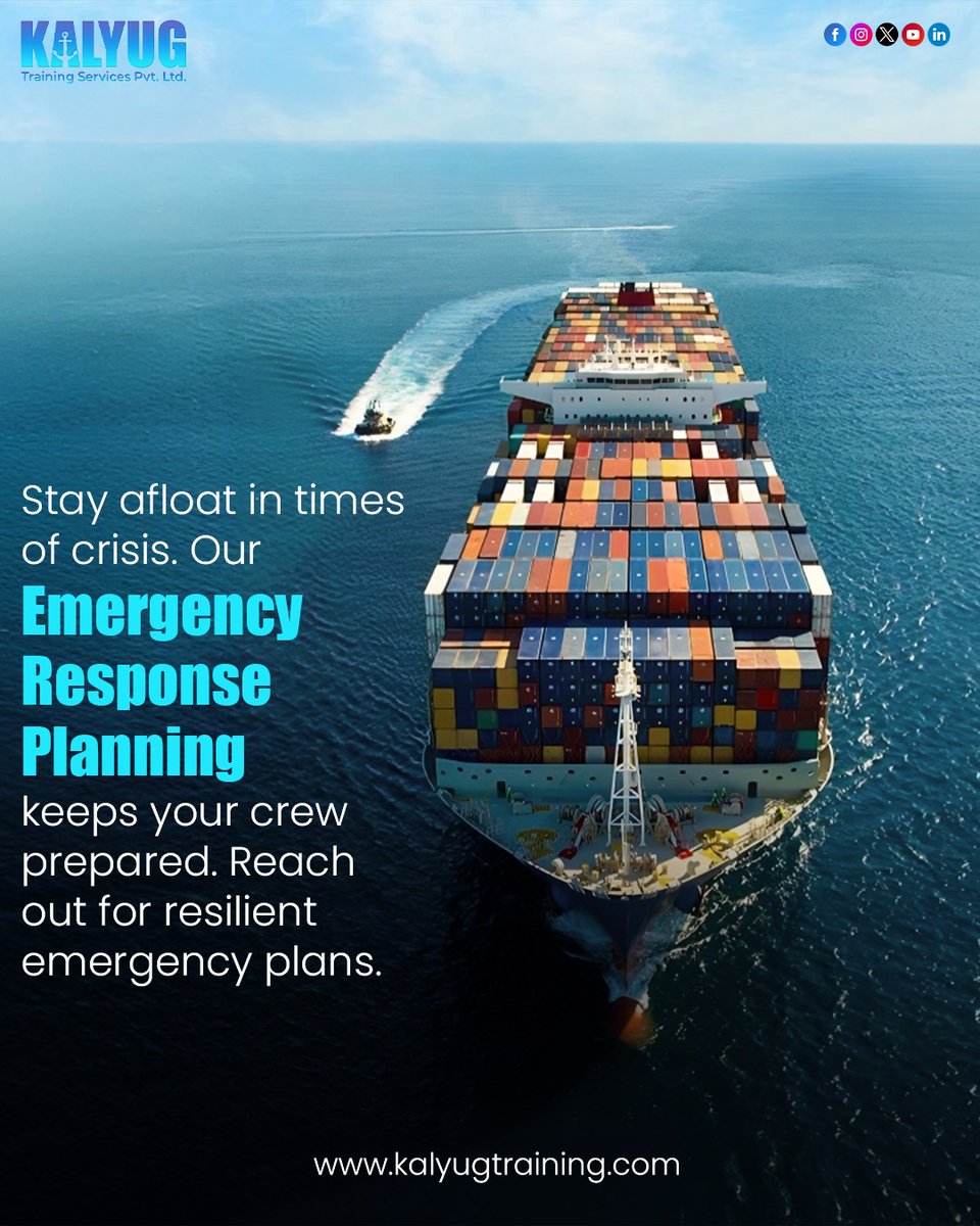 Kalyugtraining's tweet image. Be prepared for the unexpected with our comprehensive emergency planning services. Ensure the safety of your crew and operations at sea. Your peace of mind is our priority.
.
.
.
#emergencyplanning #maritimesafety #crewprotection #xfinitymaritime #preparedness #safetyfirst