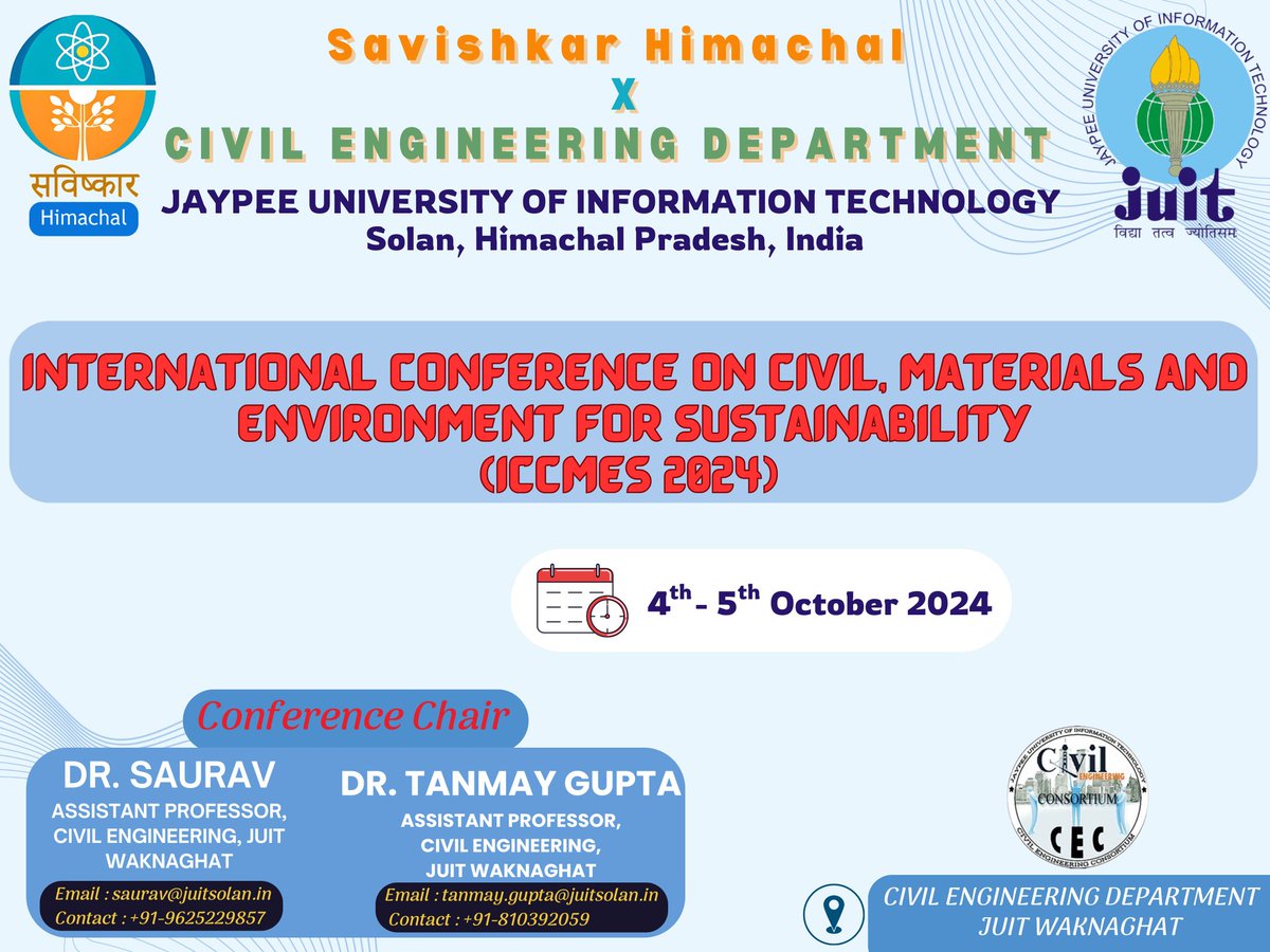 savishkarhp's tweet photo. Join us for an insightful international conference on Civil, Materials, and Environment for Sustainability, hosted by Jaypee University of Information Technology in collaboration with Savishkar Himachal. Don't miss this opportunity to enhance your knowledge enroll yourself ! https://t.co/JVROVigGH0