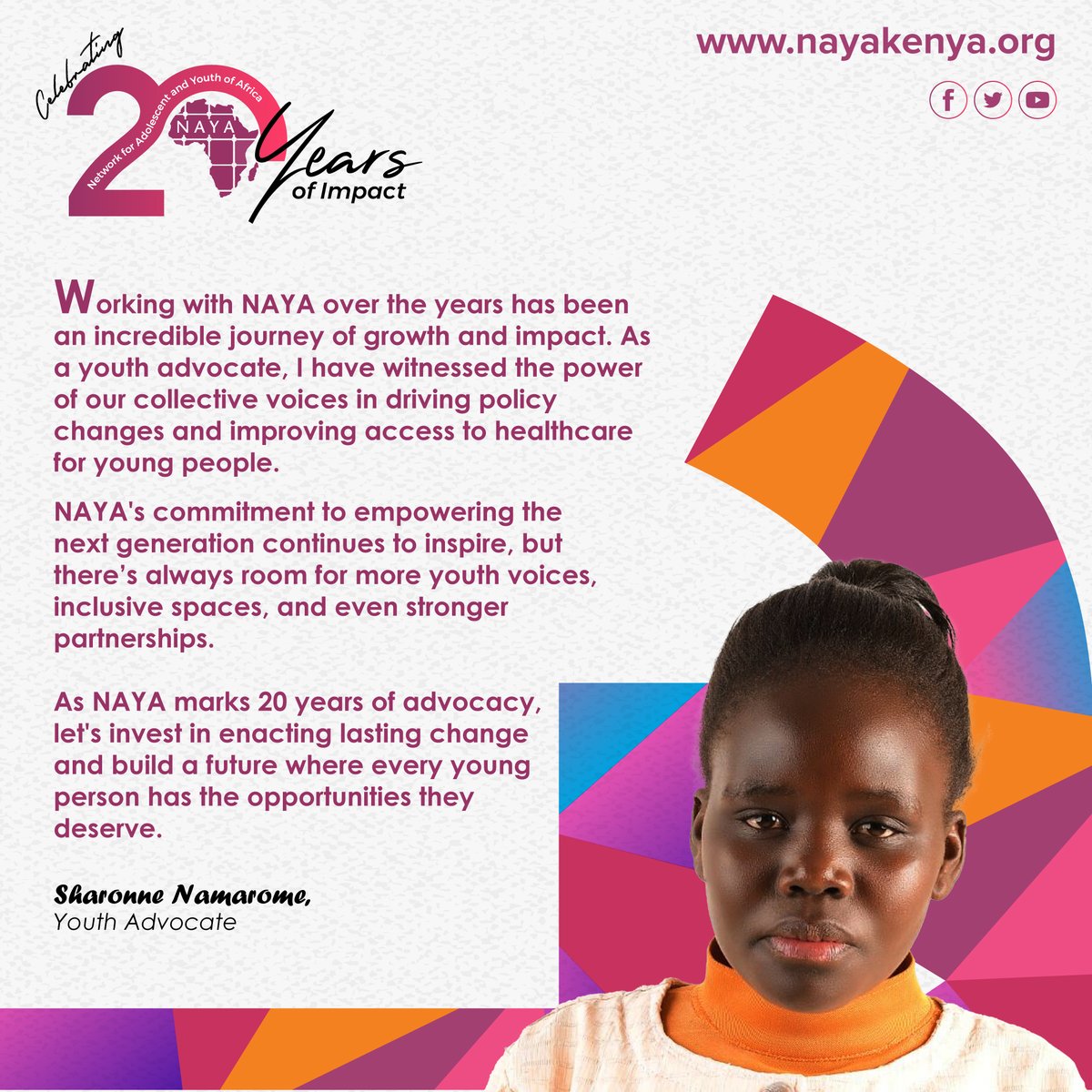 NAYAKenya's tweet photo. We're grateful for the support of our partners, community, volunteers, and allies in various ways.

Join us in celebrating this milestone and looking forward to many more years of positive impact.

#NAYAat20
#20YearsStrong
#CommunityImpact
#Celebration https://t.co/Bo0ePnmPTe