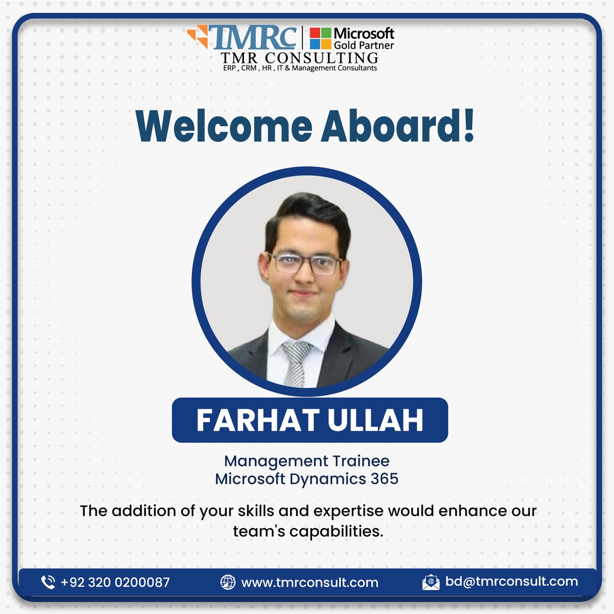 tmr_consulting's tweet image. Welcome Aboard Farhat Ullah!
We are excited to welcome Farhat Ullah to the TMR Consulting team as a Management Trainee for Microsoft Dynamics 365.Let&apos;s give Farhat a warm welcome and support his on this exciting journey.
#welcomeAboard #TeamTMRC #collaboration #TMRC