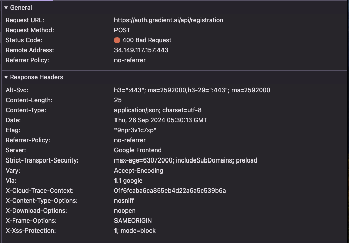 pg2286's tweet photo. @Gradient_AI_ While signing up running into 400 errors, see the screenshot. https://t.co/ySklc0efcH