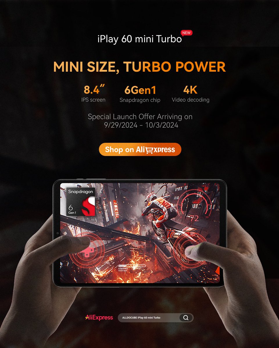 alldocube's tweet photo. #Alldocube iPlay 60 Mini Turbo — the first #minitablet in our lineup powered by the #Snapdragon 6 Gen1 processor! Perfect for gamers, movie lovers, and multitaskers, this 8.4-inch device packs a serious punch while keeping it portalble.
Available on #AliExpress! Don’t miss the Special Launch Price 9/29-10/3. Use code: A6JPVF6A9BGM to save more! https://t.co/PZOiSBb4Xh.