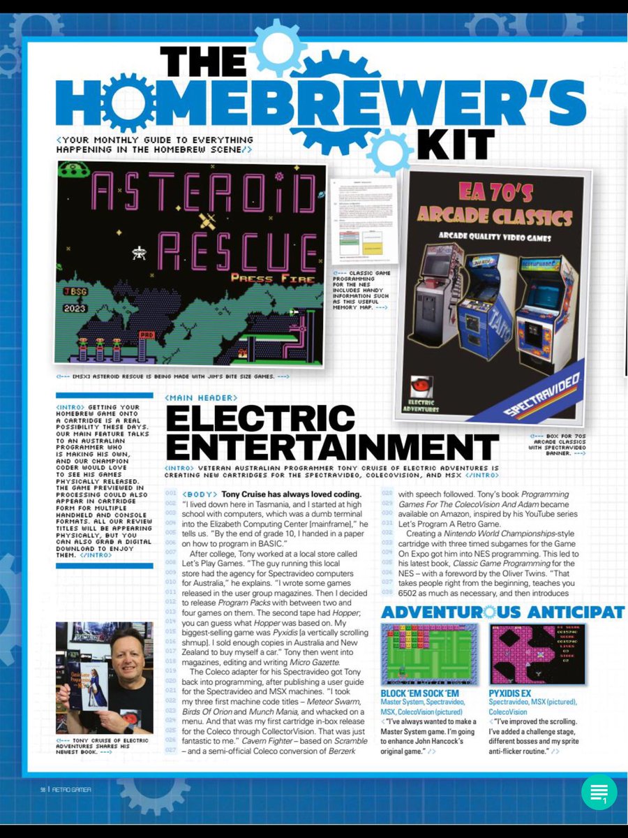 ElectricAdv's tweet image. Who’s this fella in issue 264 of Retro Gamer Magazine in an article by @merman1974 talking about my #homebrew exploits for #Colecovision, #MSX, #NES and #Spectravideo
