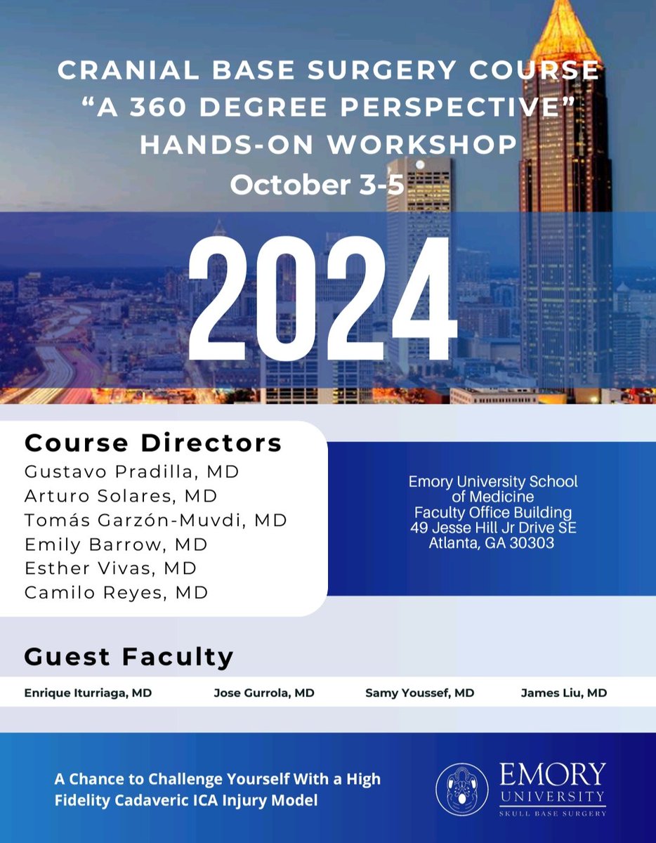 Edoardo Porto, MD (@edoardoporto) on Twitter photo - 1 week! Looking forward to joining the Emory Skull Base team for the annual course!
<a href="/EmorySkullBase/">Emory Skull Base Surgery</a> - 1 week! Looking forward to joining the Emory Skull Base team for the annual course!
<a href="/EmorySkullBase/">Emory Skull Base Surgery</a>