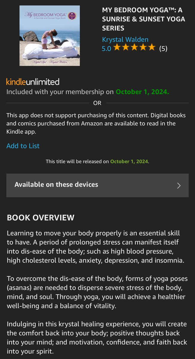 KrystalSpa's tweet photo. ATTENTION ALL 📚APPLE iBOOK, 📚KINDLE, and 📚eBOOK 📚FANS!! Available OCTOBER 1ST get KRYSTAL SPA® sponsored book “MY BEDROOM YOGA™”! 🧘🏽‍♀️ #krystalspa #my #bedroom #yoga #book #health #fitness #spa #ucla #usc #uclatrackandfield #uclasociology #uscgerontology #weareusc https://t.co/TuWG9HDWsN