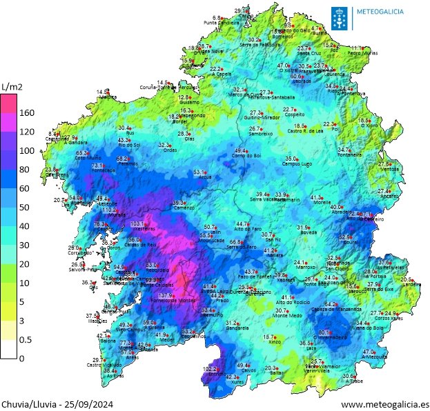 RedmeteoP's tweet photo. Bo día! Estes son os rexistros de chuvia de onte e do que vai de hoxe na rede de estacións de meteogalicia (fecha abaixo á esquerda). Cantidades elevadas en moitas zonas, pero especialmente en #Pontevedra. Boa regada tamén no interior.

Agora, descenso térmico e chuvascos 🌦️📉 https://t.co/VjNkJ2GpWx