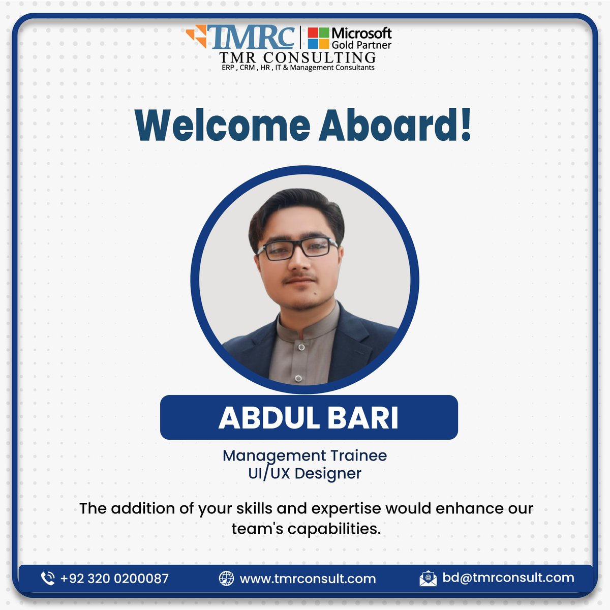 tmr_consulting's tweet image. Welcome Aboard Abdul Bari
We are excited to welcome Abdul Bari to the TMR Consulting team as a Management Trainee for UI/UX Design. Let&apos;s give Abdul Bari a warm welcome and support him on this exciting journey
#welcomeAboard #TeamTMRC #FutureLeaders #TeamWelcome #collaboration