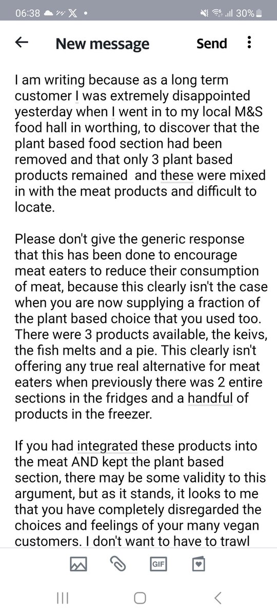 FayFolan's tweet photo. @marksandspencer I'm extremely disappointed to discover you have gotten rid of the plant based section in your food halls! You are giving a variety of responses when questioned on this decision. Please don't disregard your vegan customers #marksandspencer #vegan #sustainability https://t.co/M2J6lDbL9B