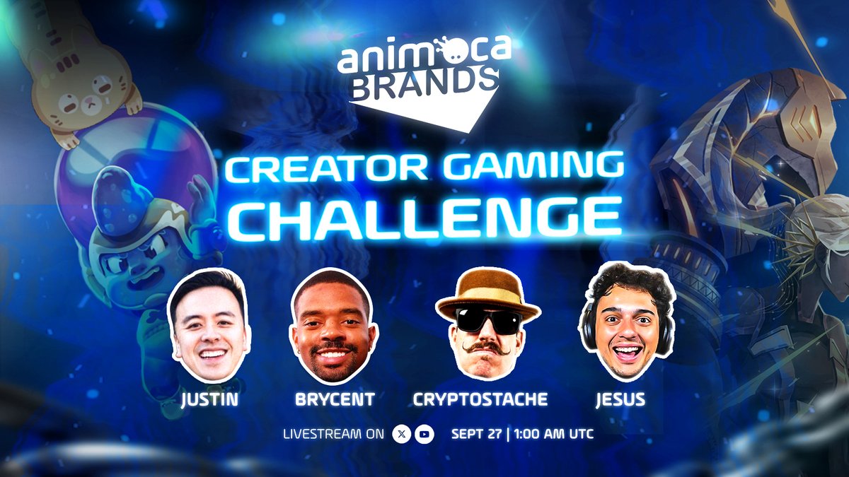 Legends Assemble! ⚔️
Get ready to witness an epic showdown with <a href="/brycent_/">Brycent</a>, <a href="/CryptoStache/">'Stache</a>, <a href="/hackapreneur/">Justin Wu π</a>, and @0xJesusMartinez in our first-ever "Animoca Brands' Creator Gaming Challenge".

🗓️27 September, 9 AM (UTC+8)
🎥Animoca Brands <a href="/X/">X</a> &amp; <a href="/YouTube/">YouTube</a> channels

Games featured