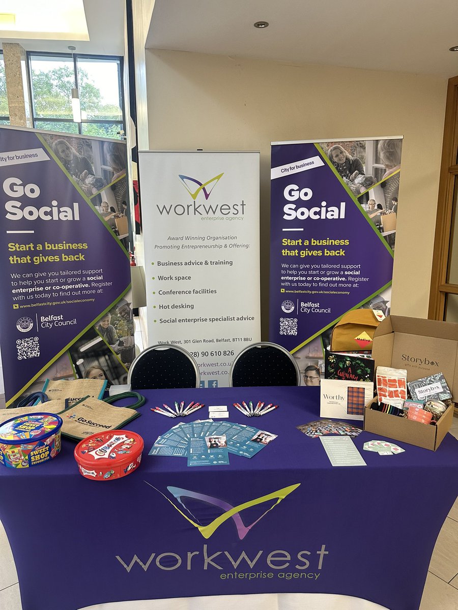 work_west's tweet photo. And we’re off -Work West on tour -today at the @CO3updates #CO3Summit2024  
Promoting @belfastcc #GoSocial Programme. 
Thank you to @OrchardvilleW for our new hoodies and tablecloth for stand and @storyboxni for our raffle prize 🙌#BuySocial https://t.co/xxpHfUVpFS