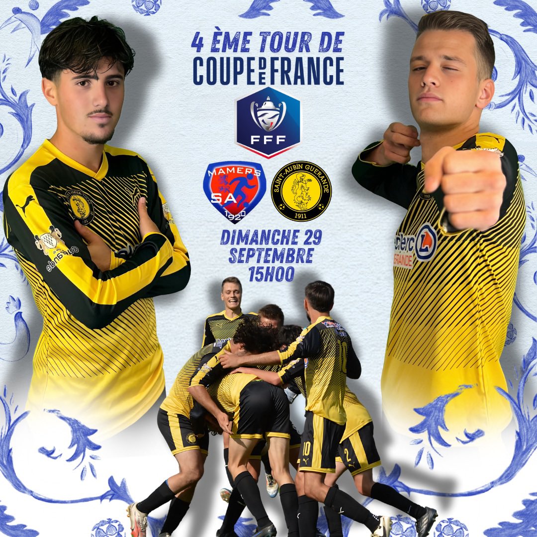 ➡️SENIORS A
✈️4 ème tour de coupe de France 
🆚SA MAMERS (R3) 
📅Dimanche 29 Septembre, 15H00
📍Stade Gilles Sepchat, Mamers 

#coupedefrance #football #sag #saintaubinguerande #lacoupedetouslespossibles <a href="/villedeguerande/">Ville de Guérande</a> <a href="/Coupe_Nationale/">La Coupe Nationale</a> <a href="/FFF/">FFF</a> <a href="/LigueFootLFPL/">Ligue de F⭐ ⭐tball des Pays de la Loire</a>
