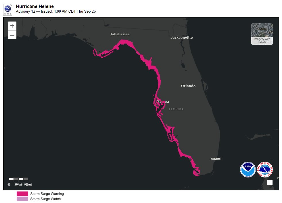 NHC Storm Surge (@nhc_surge) on Twitter photo 9/26 4am CDT: There is a danger of life-threatening storm surge from #Helene along the west coast of the Florida Peninsula & Florida Big Bend, where a Storm Surge Warning is in effect. Residents in the warning area should follow advice & evacuation orders from local officials. 9/26 4am CDT: There is a danger of life-threatening storm surge from #Helene along the west coast of the Florida Peninsula & Florida Big Bend, where a Storm Surge Warning is in effect. Residents in the warning area should follow advice & evacuation orders from local officials.