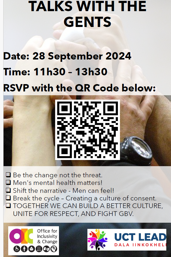 Join the Conversation: "Talks with Gents" – Exploring Men's Mental Health, GBV, and Toxic Masculinity

🗓️ Date: 28th September
🕒 Time: 11:30 – 13:30

💬 Open to all! Let’s create a safe space for learning and growth.

RSVP here: forms.office.com/r/dp0rnT5c2y

#MensMentalHealth #GBV