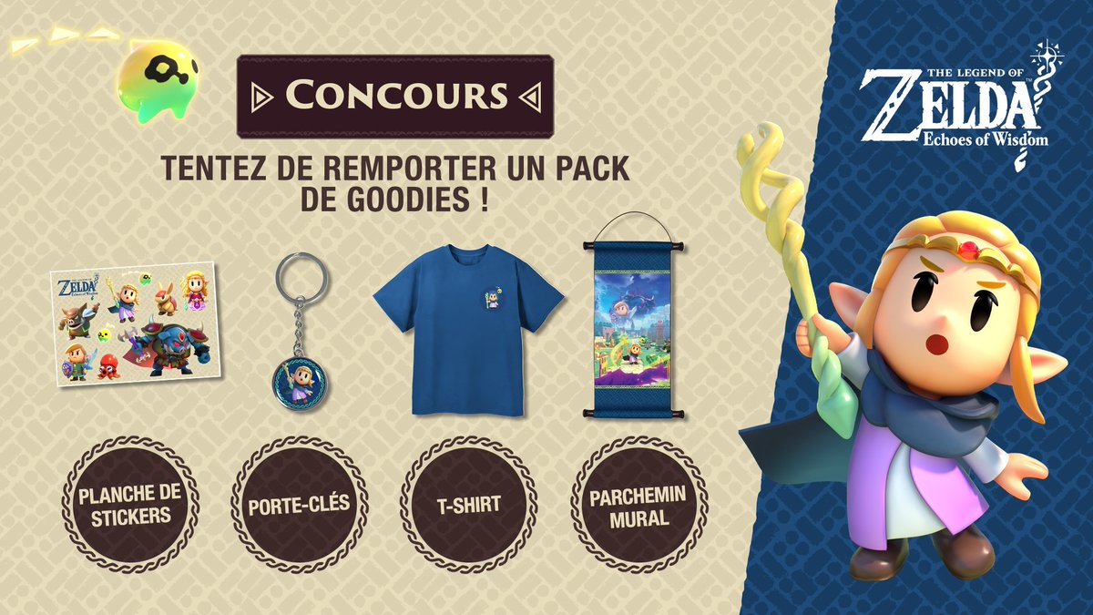 [CONCOURS🎁] Pour célébrer la sortie de The Legend of #Zelda : Echoes of Wisdom, tentez de remporter un des 5 lots de goodies mis en jeu !

Pour participer :
- RT ce post
- Dites nous en commentaire la taille désirée du t-shirt avec le #EchoesOfWisdom
5 gagnants tirés au sort le
