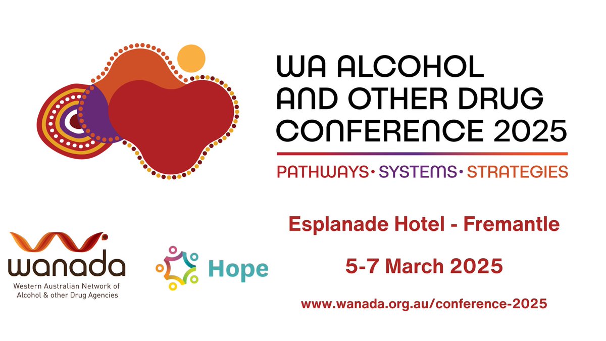 Join us for the WA Alcohol and Other Drug Conference 2025 - Pathways, Systems, Strategies, 5 – 7 March, in Walyalup/Fremantle.  Hope Community Services is our Presenting Partner and we're delivering the conference in partnership with <a href="/NDRIau/">NDRI Curtin</a> . More at:
wanada.org.au/conference-202…