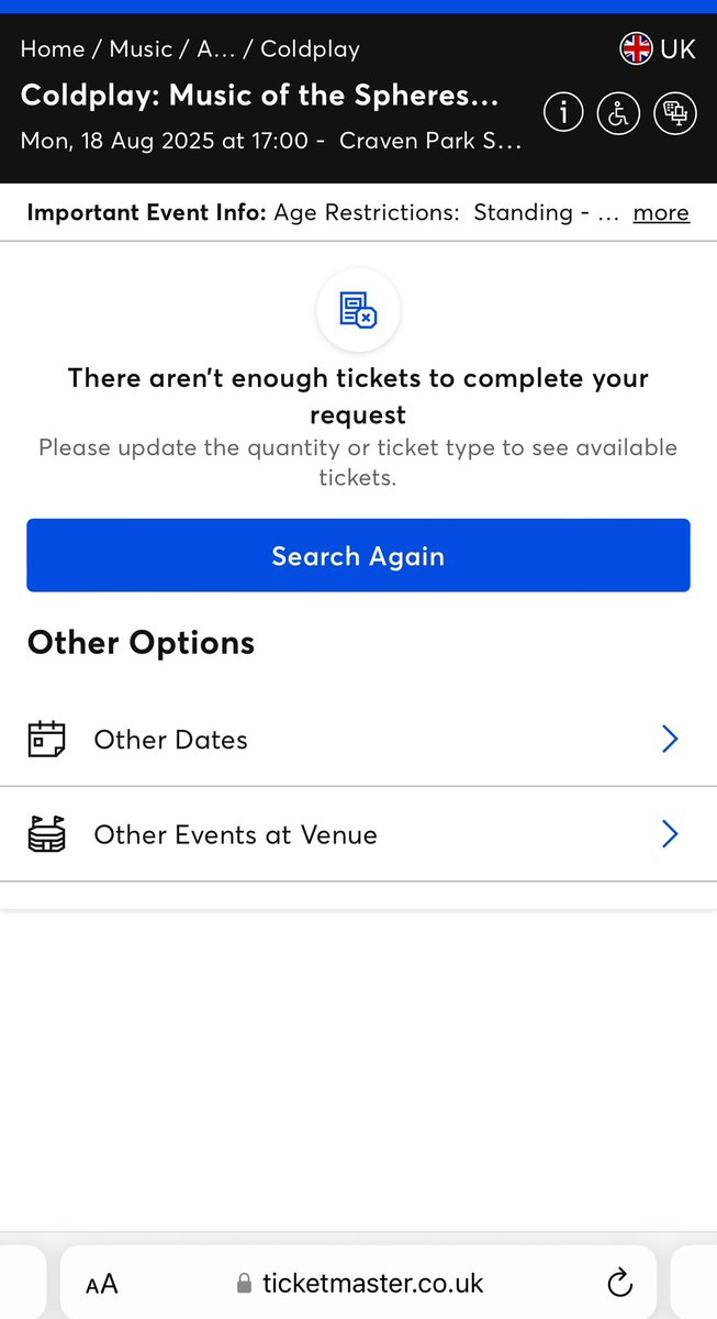 kenty23's tweet photo. This display is going to be burnt into my screen I’ve seen it so much recently #Ticketmaster https://t.co/Aqyzd4aymX