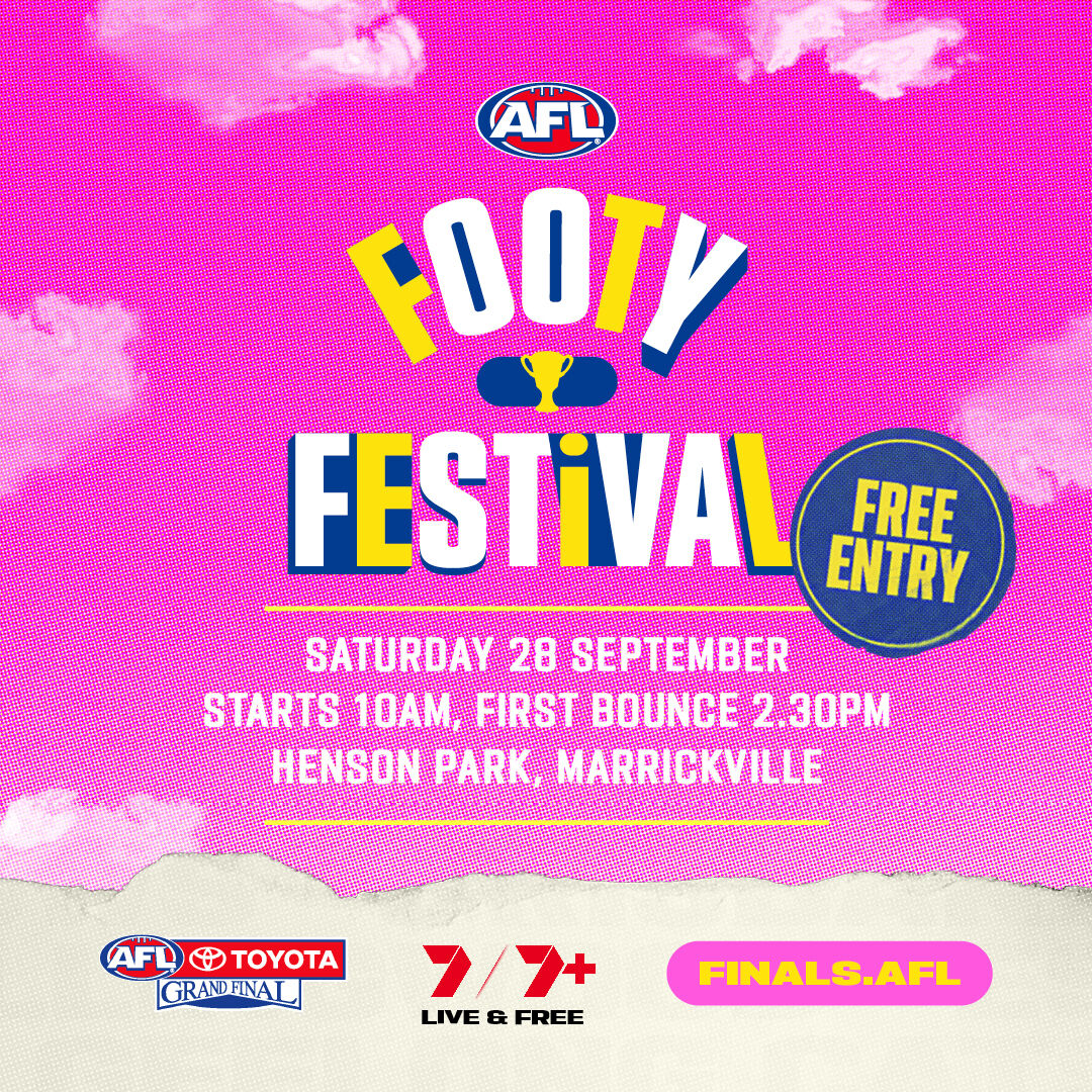 PennoAFL's tweet photo. Footy Festival - Sydney Swans Grand Final

Come down to Henson Park this Saturday, 28 September from 10am and take in all the festivities of the AFL Toyota Grand Final day

Head to our website for more details: https://t.co/j9GsId6vhd

#PHAFL #SydneyAFL #FootyFestival #GrandFinal https://t.co/cWEKpZwsUX