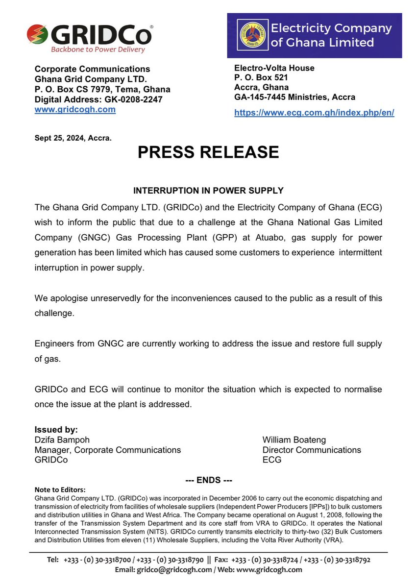 Media Release : Interruptions in power supply. @EnergyMinGhana <a href="/GridcoGh/">GRIDCOGh</a> <a href="/moigovgh/">Ministry of Information</a> <a href="/Joy997FM/">Joy 99.7 FM</a> <a href="/JoyFmNews/">MyJoyOnline</a> <a href="/Citi973/">CITI FM 97.3</a> <a href="/citinewsroomgh/">CitiNewsroom</a> <a href="/Channel1TVGHA/">ChannelOne TV</a> <a href="/utvghana/">UTV Ghana</a> <a href="/peacefmonline/">Peace FM Online</a> <a href="/Adomonline/">Adomonline</a> <a href="/AdomTvOfficial/">Adom Tv</a> <a href="/GBCNewsroom/">GBC News</a> <a href="/GTV_Ghana/">GTV Ghana</a> <a href="/ghonetv/">GHOne TV</a> <a href="/starr1035fm/">Starr 103.5 FM</a> <a href="/tv3_ghana/">#TV3GH</a> <a href="/GHANANEWSAGENCY/">Ghana News Agency</a>