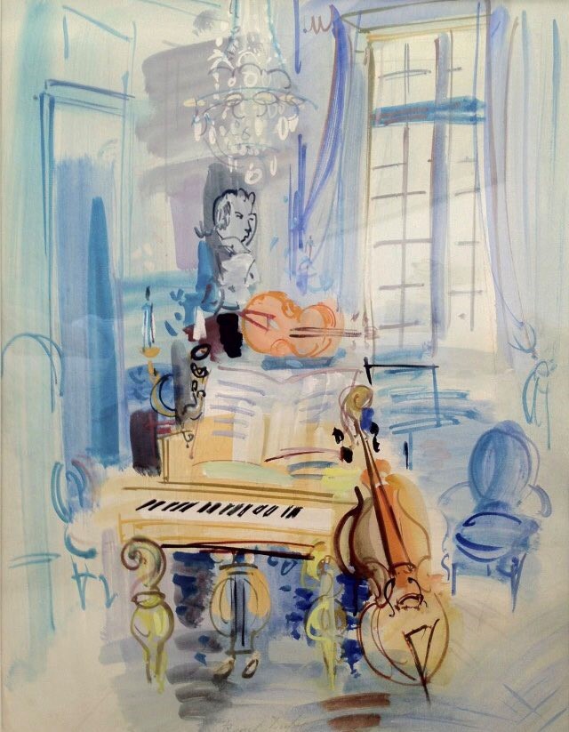 artinsociety's tweet photo. It’s remarkable how much of the detail of this painting by Raoul Dufy is just suggested or hinted at ~ Interior with Musical Instruments (1940) https://t.co/OCMCBSfbem