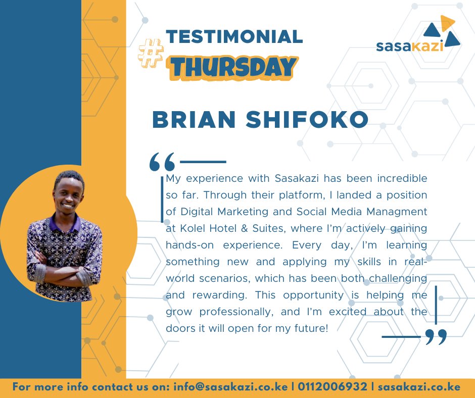 Sasa Kazi (@sasa_kazi) on Twitter photo Don't just take our word for it! Hear from the Techies themselves!
Watch 🎬Brian's inspiring story how the Sasakazi platform helped him land an internship at <a href="/kolelhotel/">The Kolel Hotel</a>.
Next could be you! Learn how our platform can help you land an opportunity in the digital space. Don't just take our word for it! Hear from the Techies themselves!
Watch 🎬Brian's inspiring story how the Sasakazi platform helped him land an internship at <a href="/kolelhotel/">The Kolel Hotel</a>.
Next could be you! Learn how our platform can help you land an opportunity in the digital space.