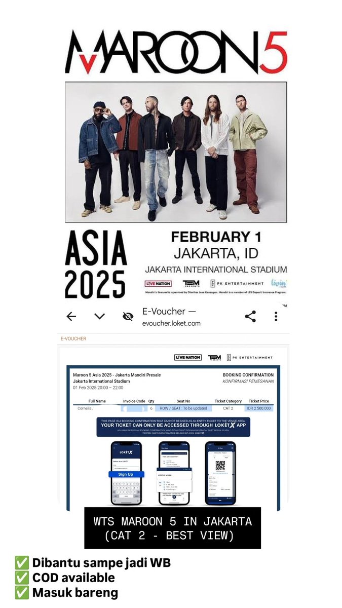 corneliaayu's tweet photo. #WTSMAROON5
4 Tiket  MAROON 5 Live in Jakarta CAT 2 (1 Feb 2025) 

✅ Dibantu tuker wristband
✅ Bisa COD Jakarta area (Kuningan / Puri / Pulogadung) 
✅ Proof available
✅ Masuk bareng

Minat serius DM aja yaa :)
#Maroon5LiveinJakarta #WTStiket #WTBMAROON5 #WTBTIKET https://t.co/rIEyx1P71i