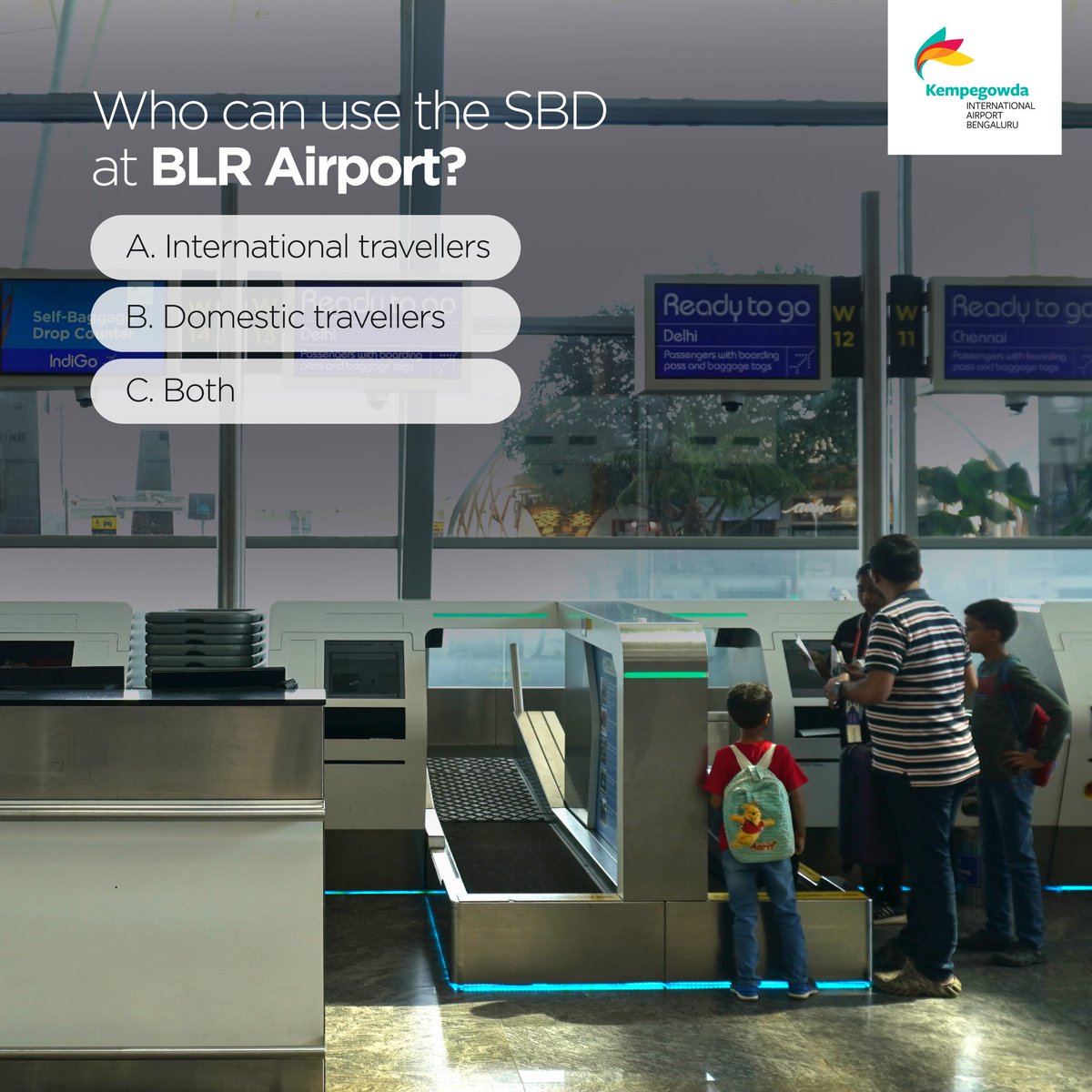 BLRAirport's tweet photo. All passengers traveling through BLR Airport can experience the best way to check-in their baggage with the SBD!
#BLRAirport #SBDAtBLRAirport #SelfBaggageDrop #SBD #BaggageDrop #BaggageCheckIn #Luggage #Baggage #Aviation #Travel #Airport https://t.co/GBXp5DbdOX