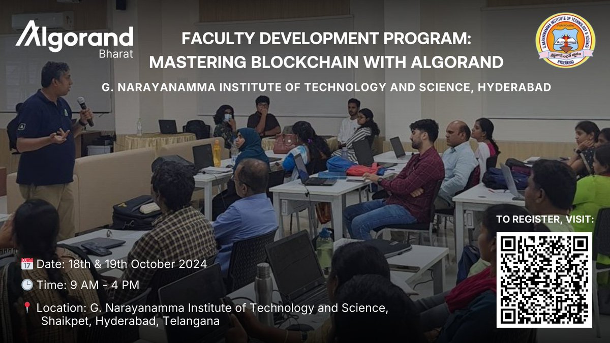 Algo_Bharat's tweet image. Calling all Hyderabad professors — we’re coming to one of India’s top women’s engineering colleges for our next Faculty Development Program. Join us at
@GnitsI (gnits.ac.in) on Oct 18/19 for two interactive days of training on Mastering #Blockchain with @Algorand.…